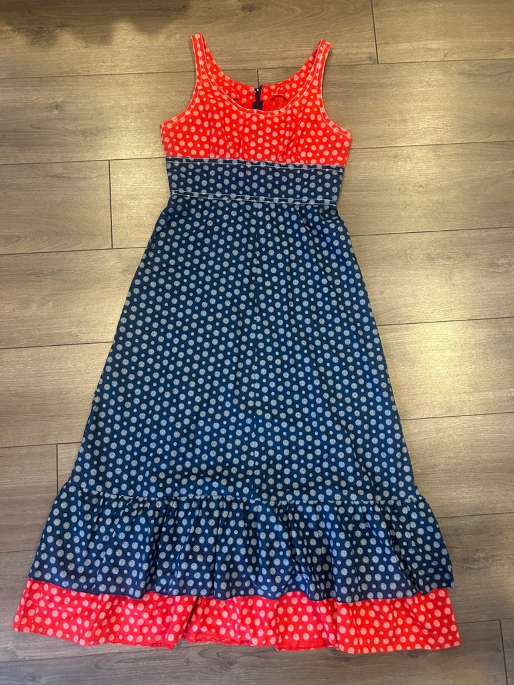 Vintage Handmade Red & Blue Prairie Maxi Dress Cottagecore Folk Size M